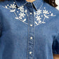 Women's Embroidered Blue Spread Collar Shirt - Detail View