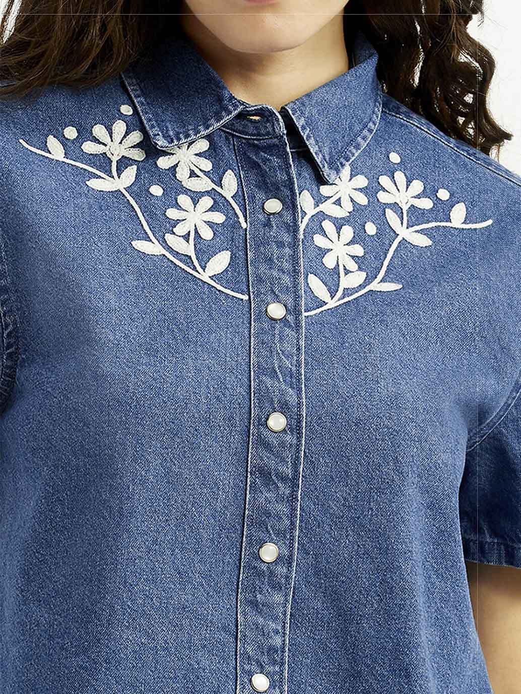 Women's Embroidered Blue Spread Collar Shirt - Detail View