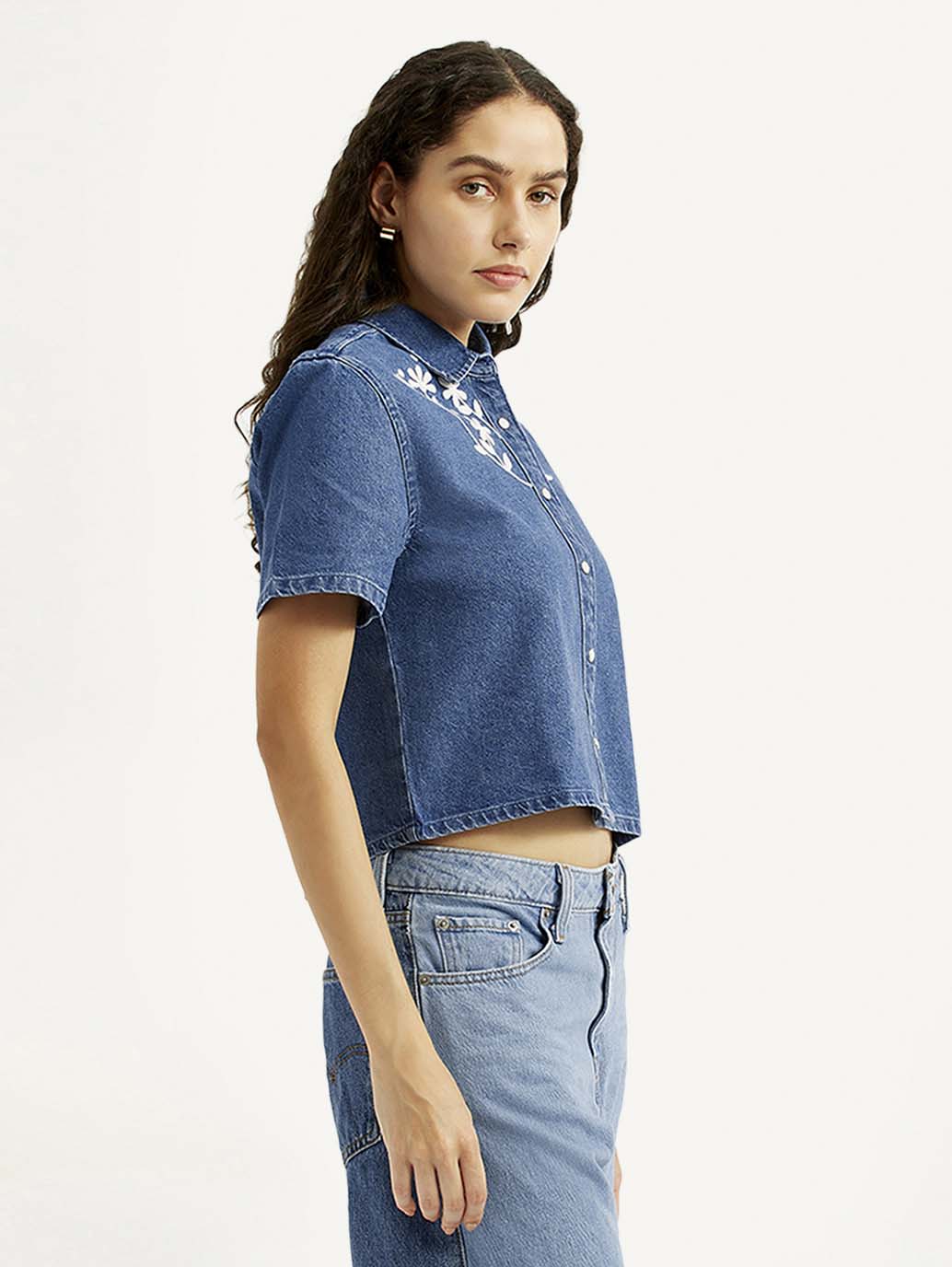 Women's Embroidered Blue Spread Collar Shirt - Side View