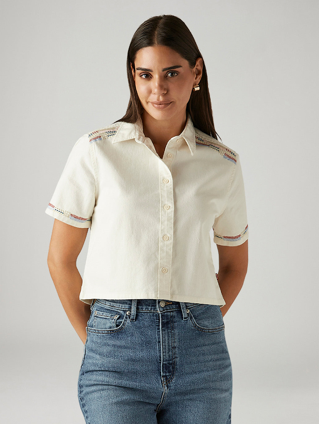 Women's Embroidered Off White Spread Collar Shirt - Styleshot View