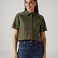 Women's Embroidered Olive Green Spread Collar Shirt - Front View