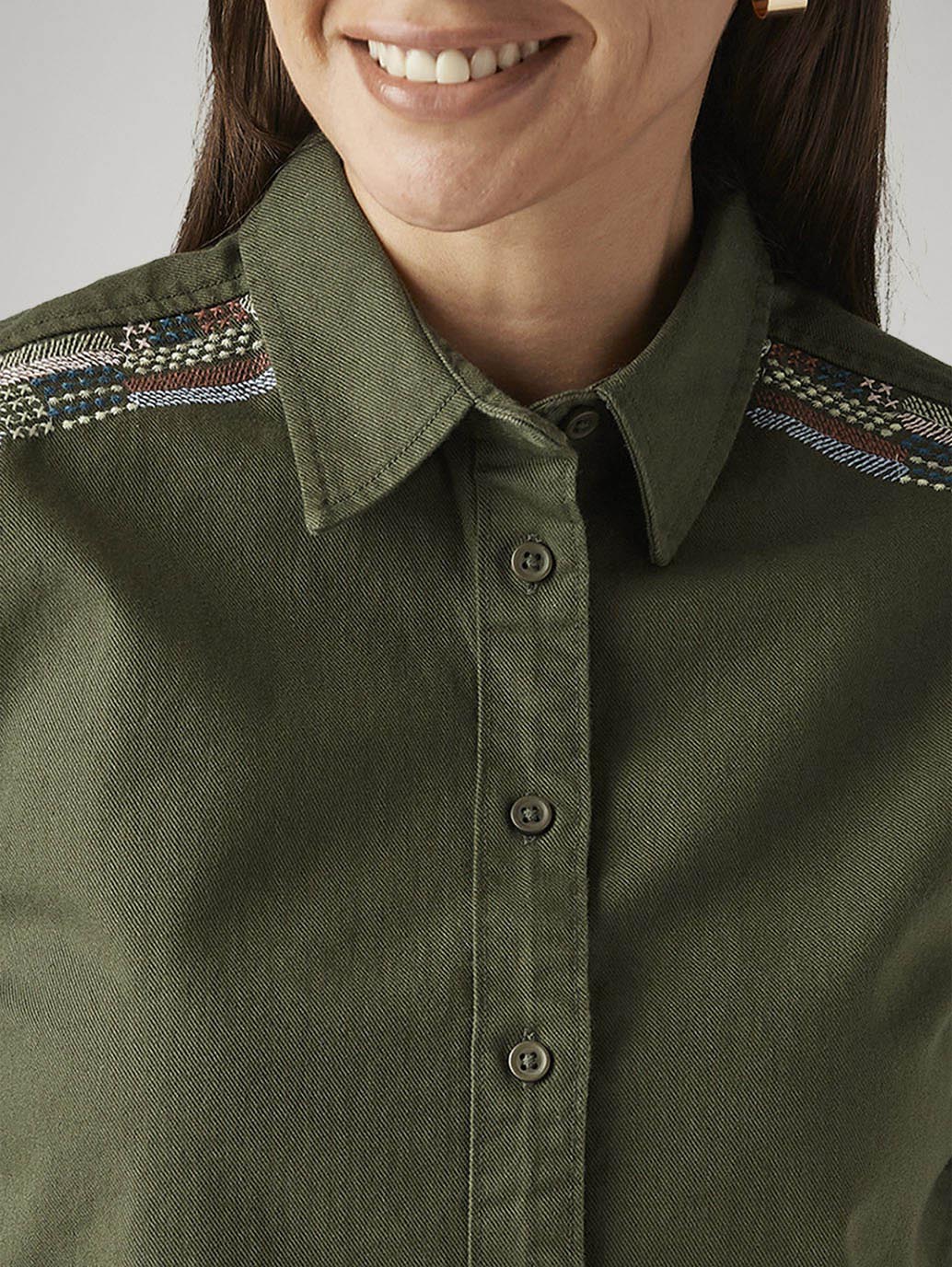 Women's Embroidered Olive Green Spread Collar Shirt - Detail View