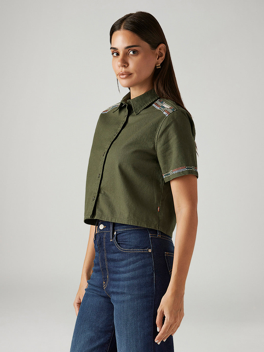 Women's Embroidered Olive Green Spread Collar Shirt - Side View