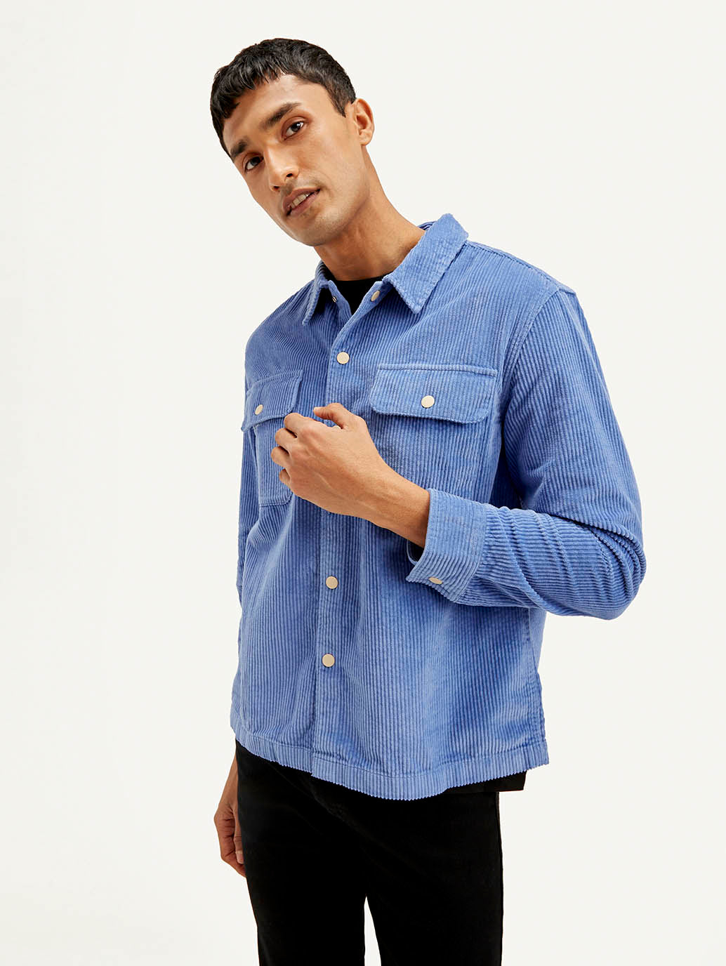 Men's Solid Blue Relaxed Fit Corduroy Shacket - Elevated View