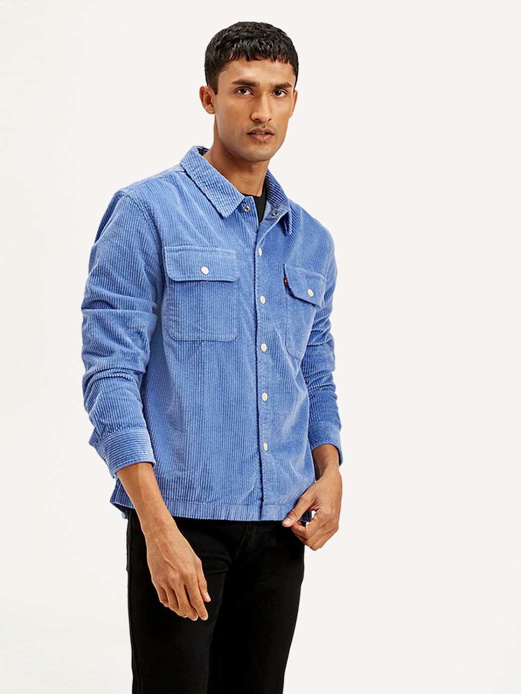 Men's Solid Blue Relaxed Fit Corduroy Shacket - Styleshot View