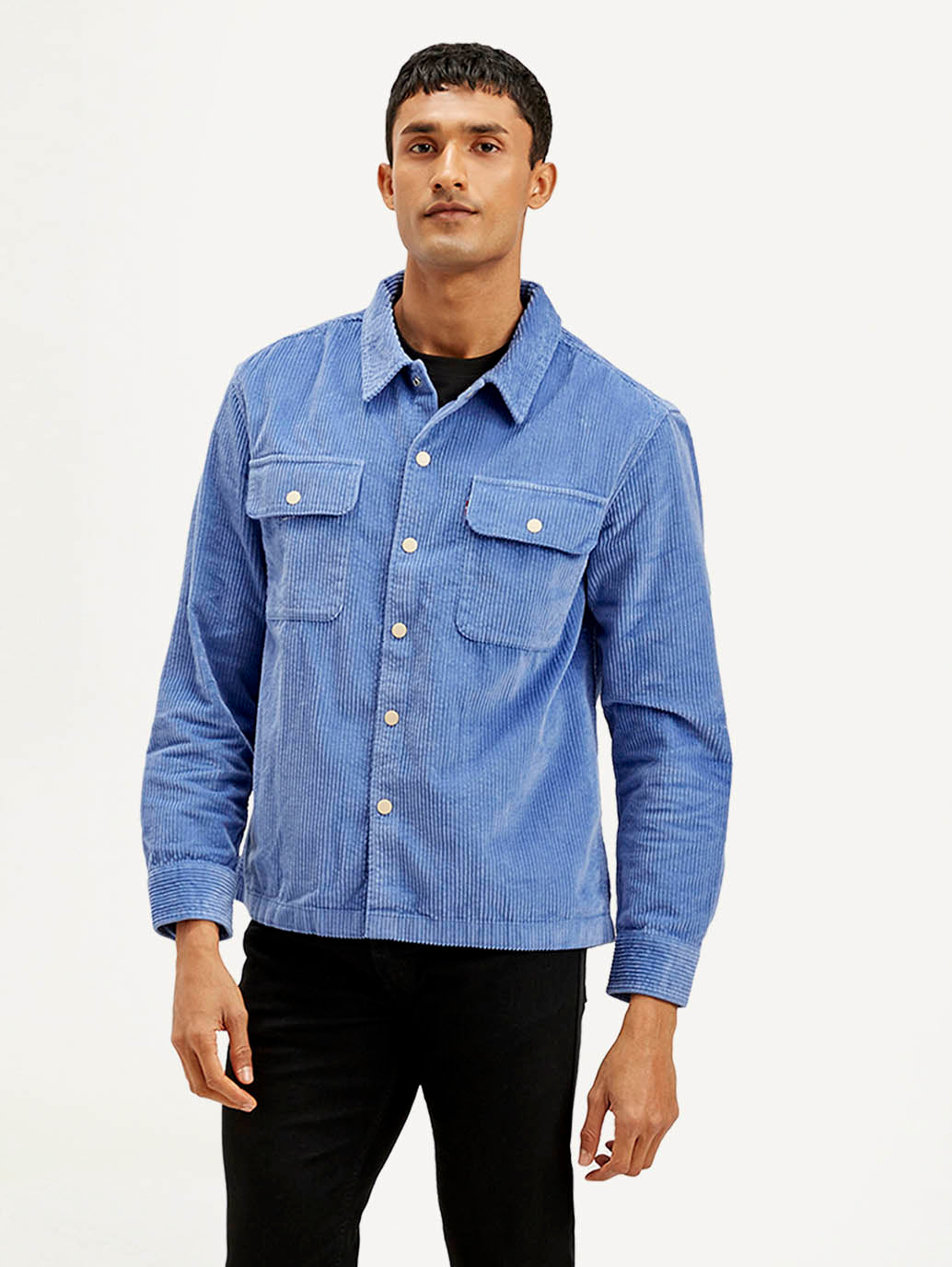 Men's Solid Blue Relaxed Fit Corduroy Shacket - Front View