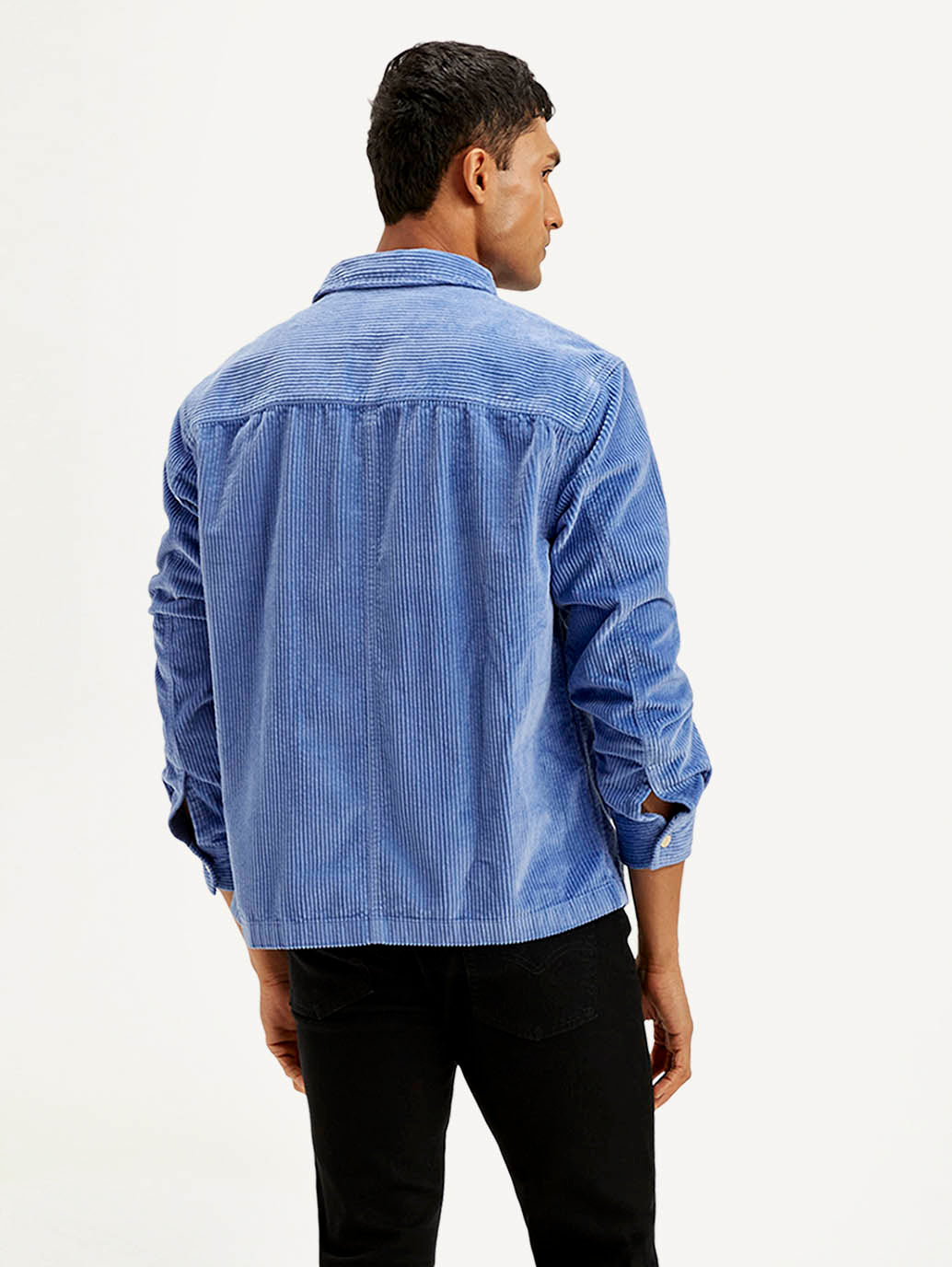 Men's Solid Blue Relaxed Fit Corduroy Shacket - Back View