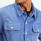 Men's Solid Blue Relaxed Fit Corduroy Shacket - Detail View