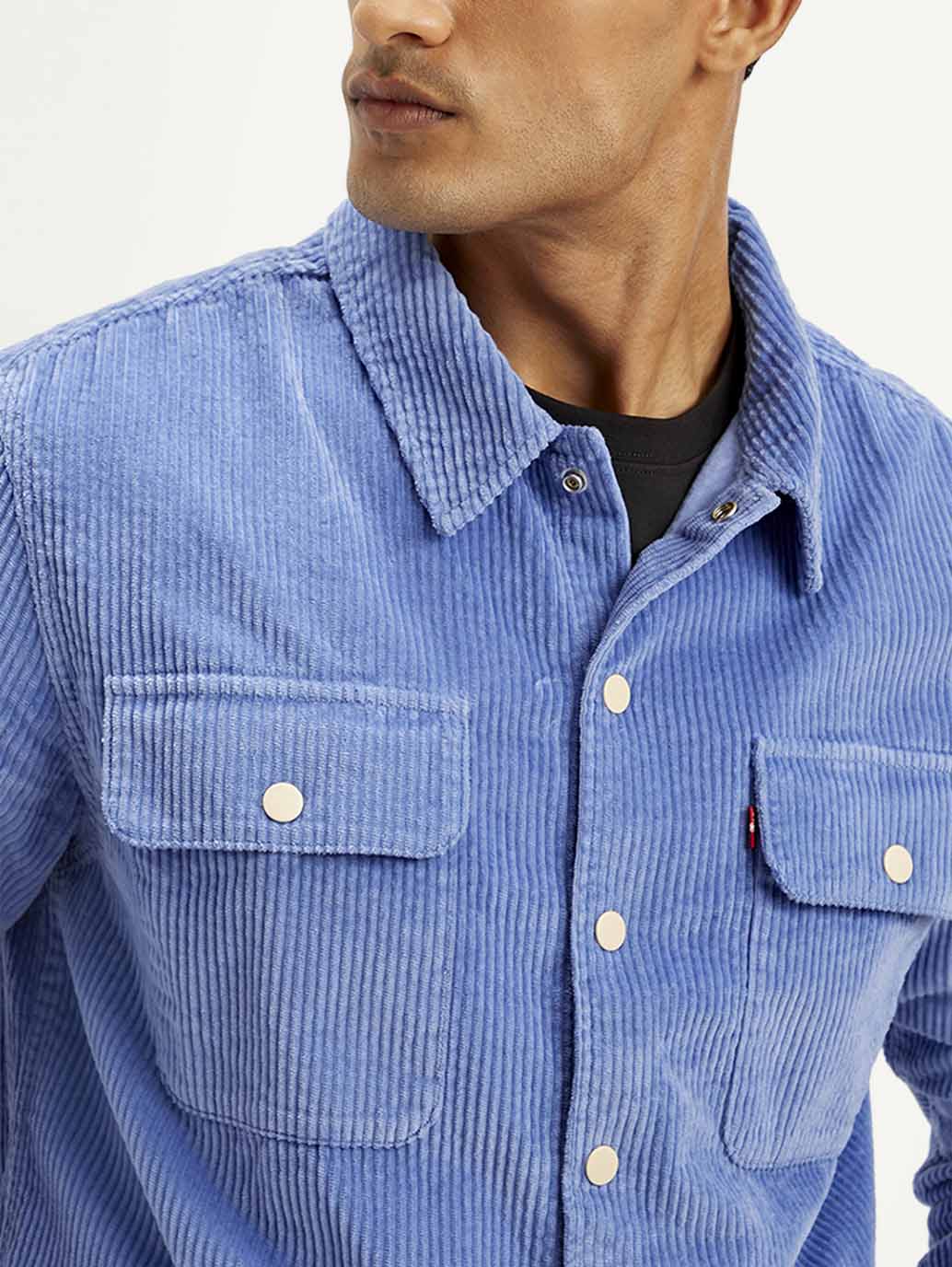 Men's Solid Blue Relaxed Fit Corduroy Shacket - Detail View