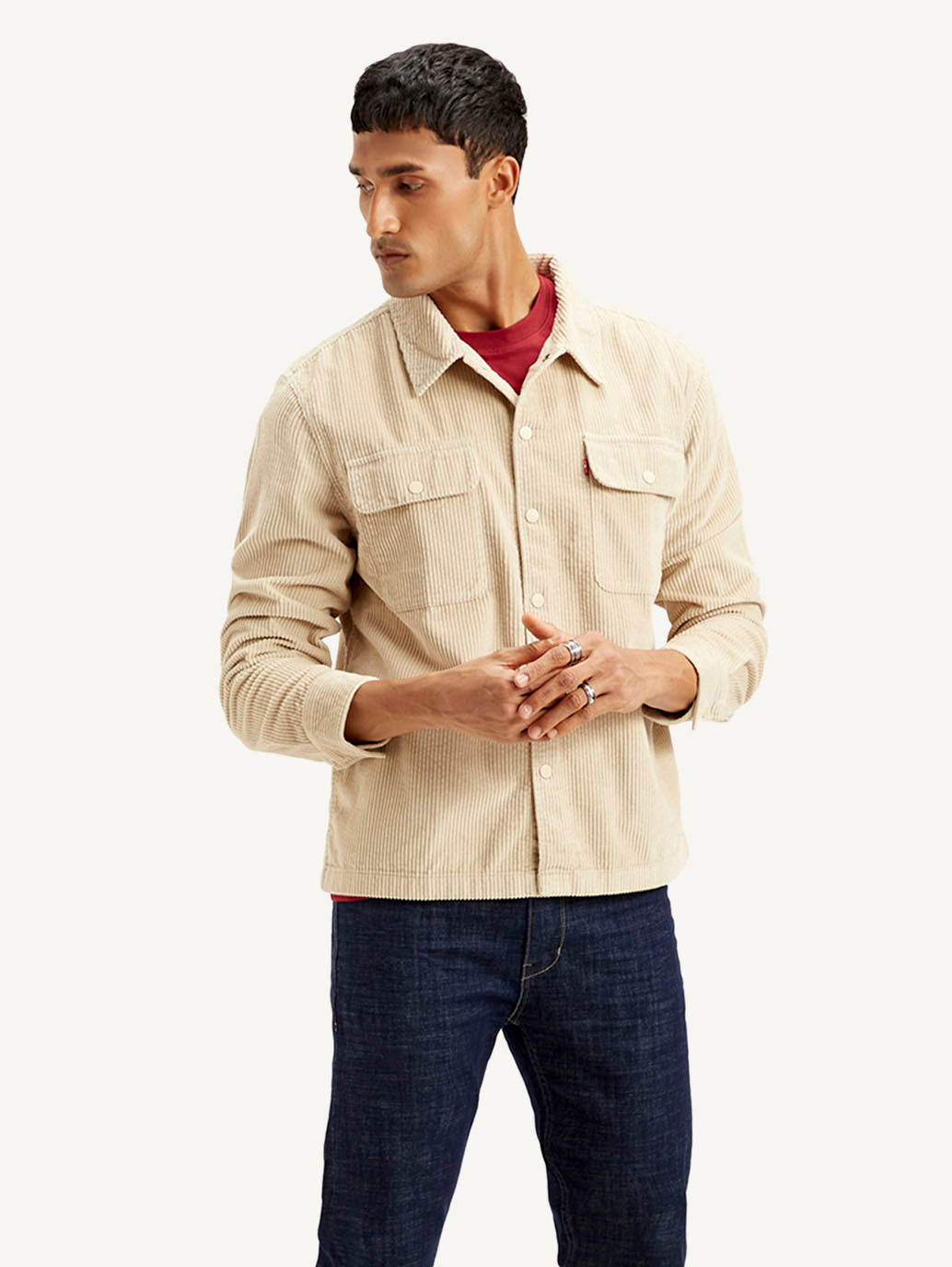 Men's Solid Beige Relaxed Fit Corduroy Shacket - Styleshot View