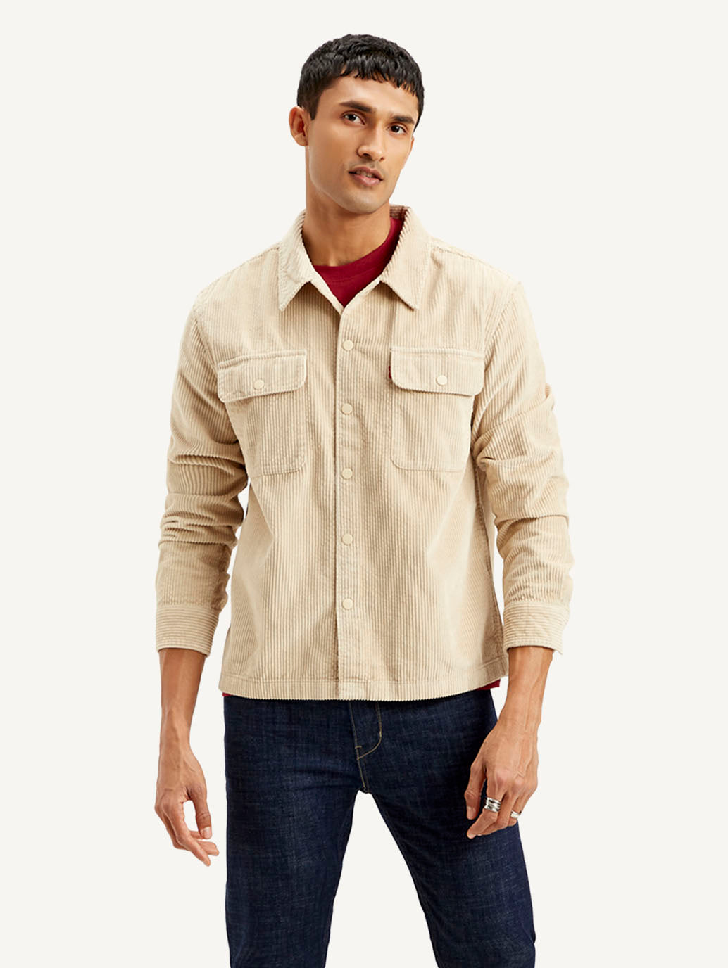 Men's Solid Beige Relaxed Fit Corduroy Shacket - Front View