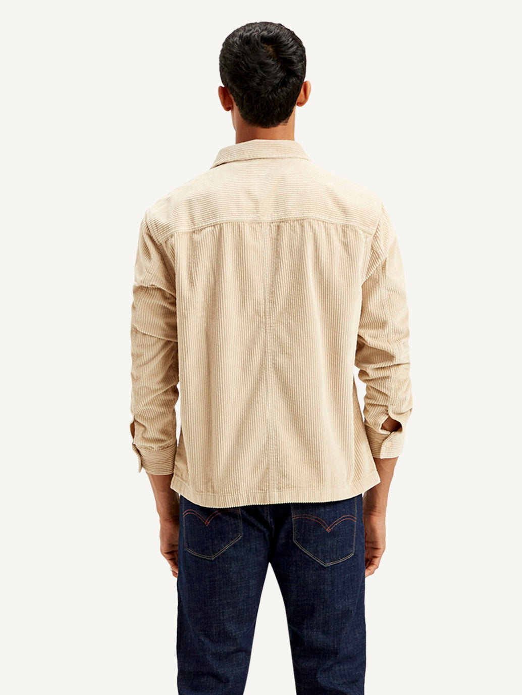 Men's Solid Beige Relaxed Fit Corduroy Shacket - Back View