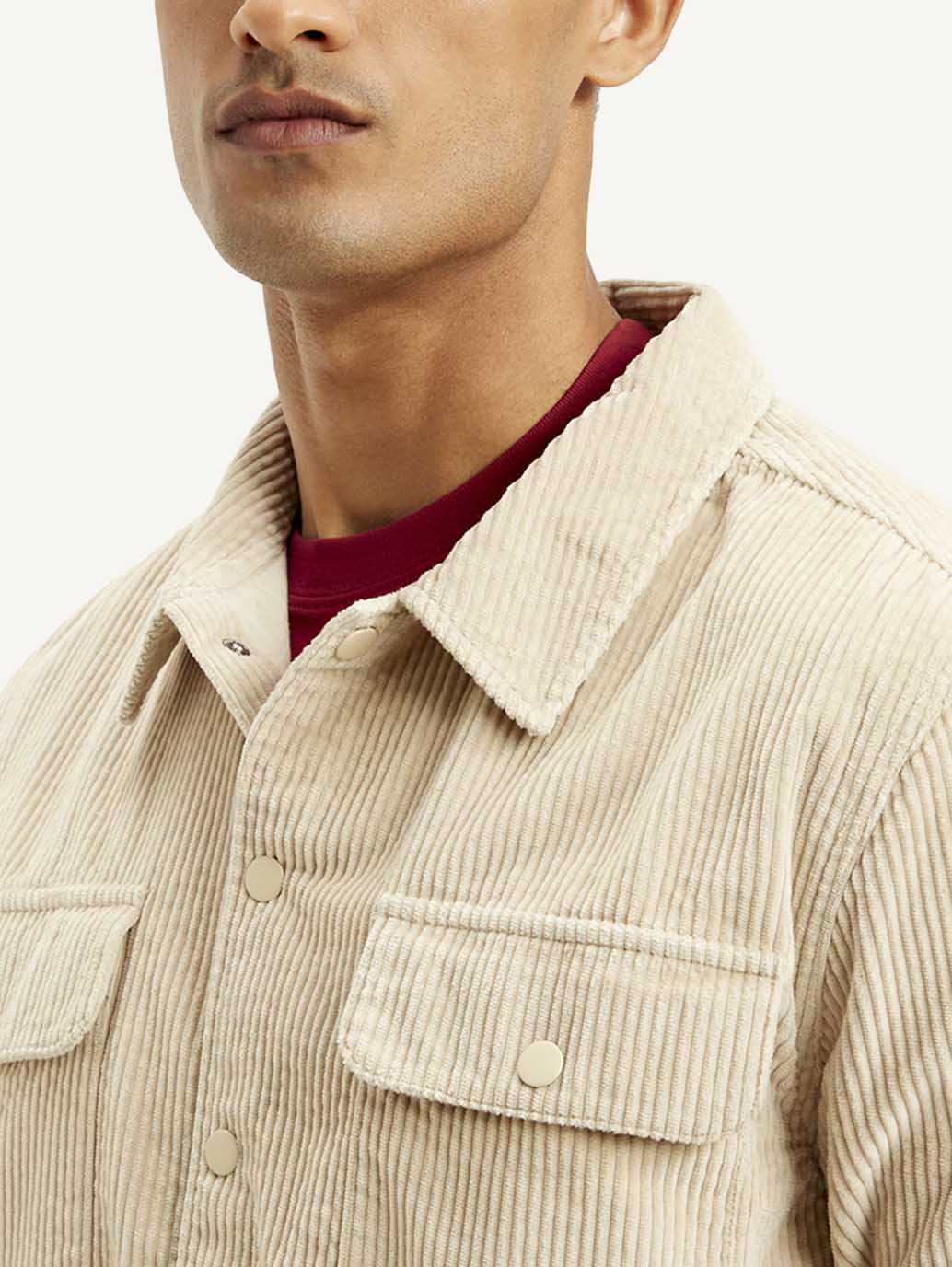 Men's Solid Beige Relaxed Fit Corduroy Shacket - Detail View