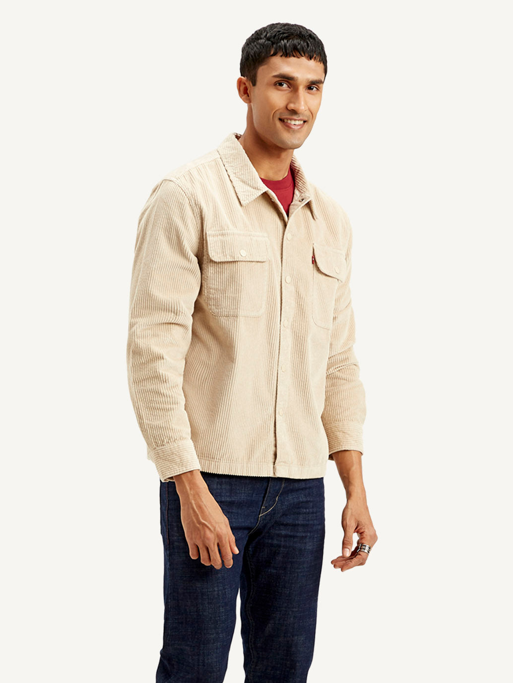 Men's Solid Beige Relaxed Fit Corduroy Shacket - Side View