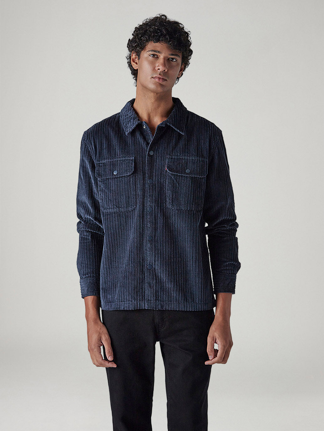 Men's Navy Textured Relaxed Fit Corduroy Shirt - Front View