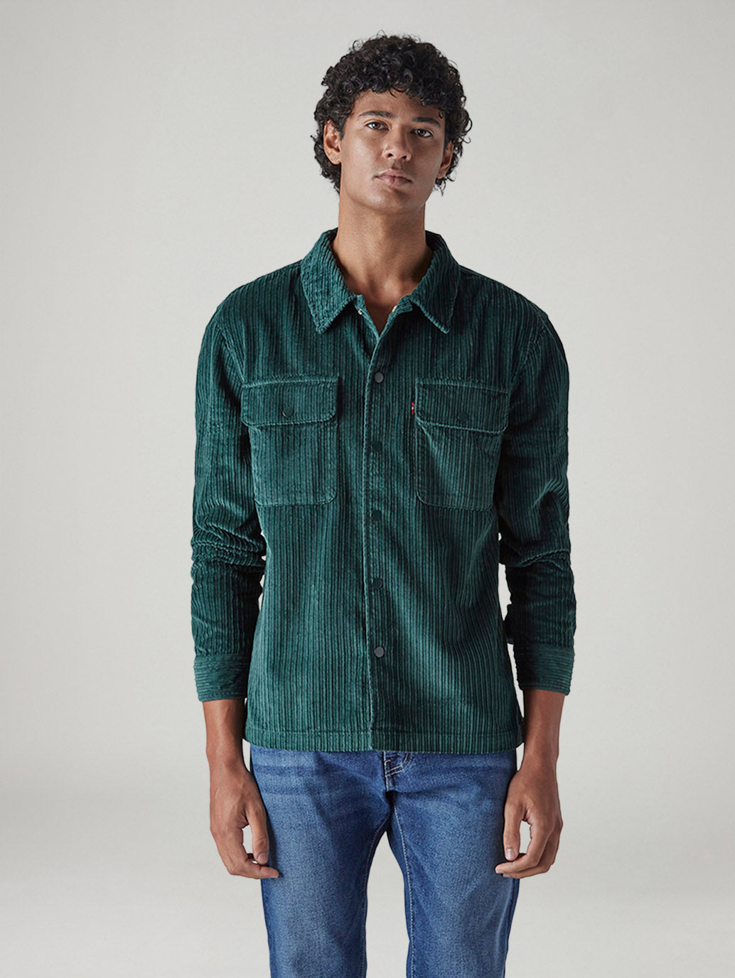 Men's Green Textured Relaxed Fit Corduroy Shirt - Front View