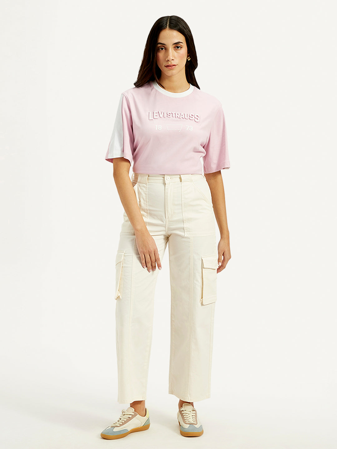 Women's High Rise Off-White Wide Leg Cargo Trousers - Front View