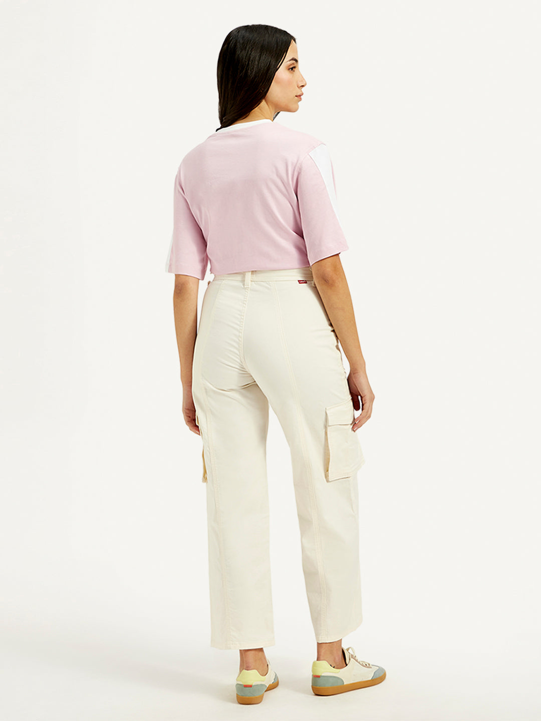 Women's High Rise Off-White Wide Leg Cargo Trousers - Back View
