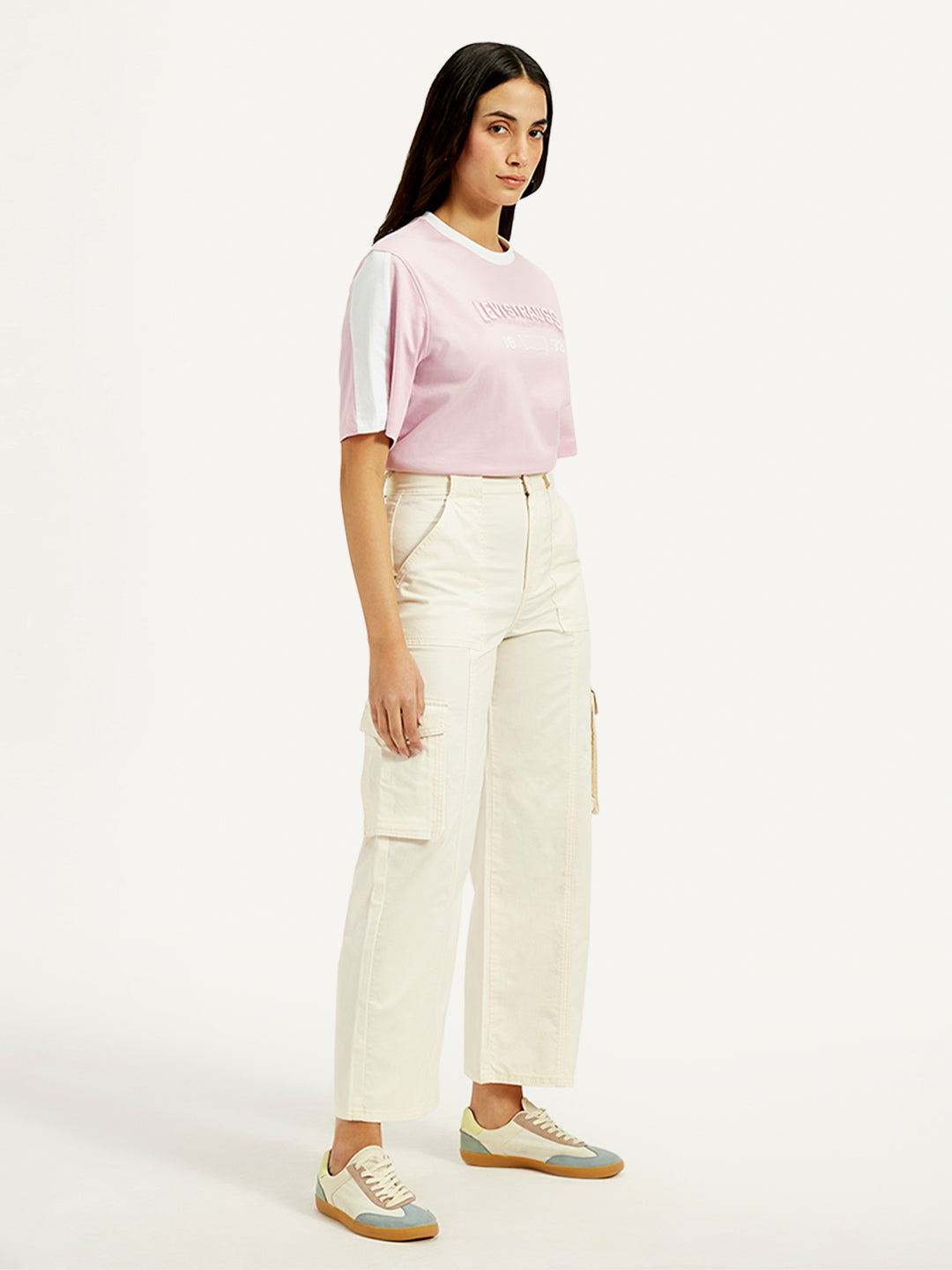 Women's High Rise Off-White Wide Leg Cargo Trousers - Side View
