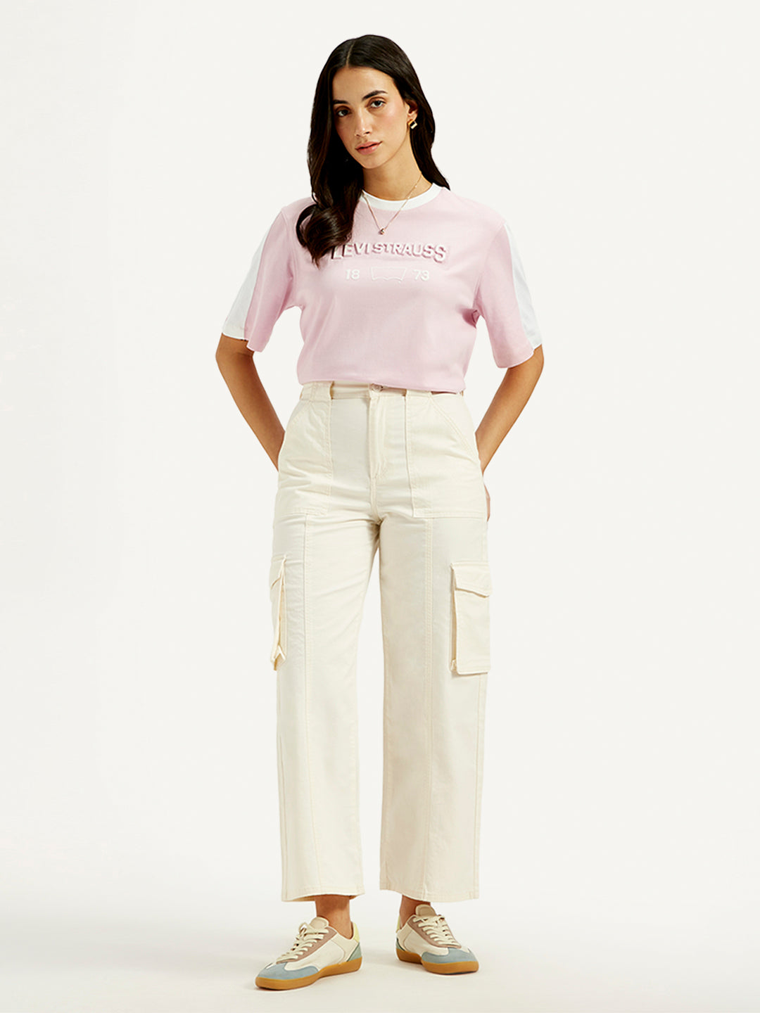 Women's High Rise Off-White Wide Leg Cargo Trousers - Styleshot View