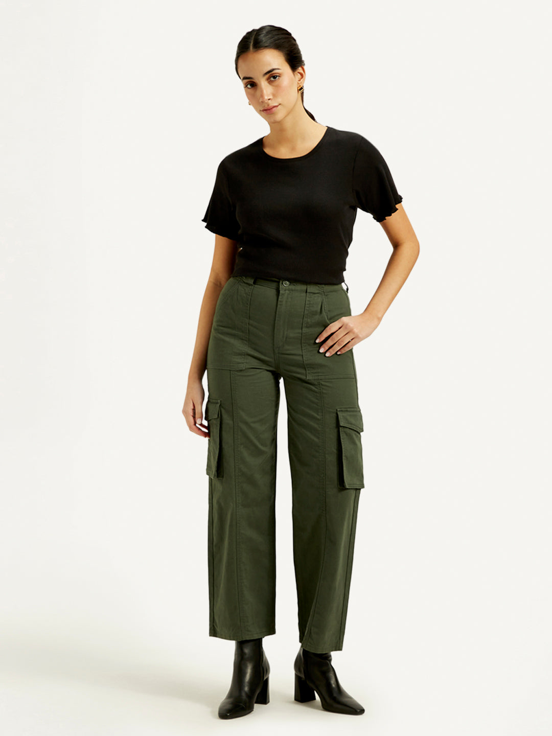 Women's High Rise Olive Wide Leg Cargo Trousers - Front View