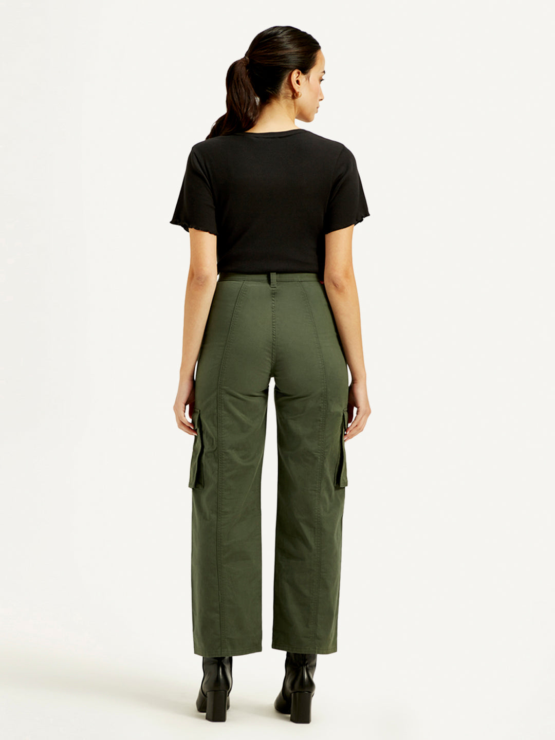 Women's High Rise Olive Wide Leg Cargo Trousers - Back View