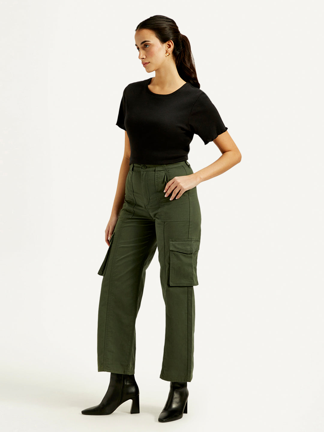 Women's High Rise Olive Wide Leg Cargo Trousers - Side View