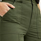 Women's High Rise Olive Wide Leg Cargo Trousers - Detail View