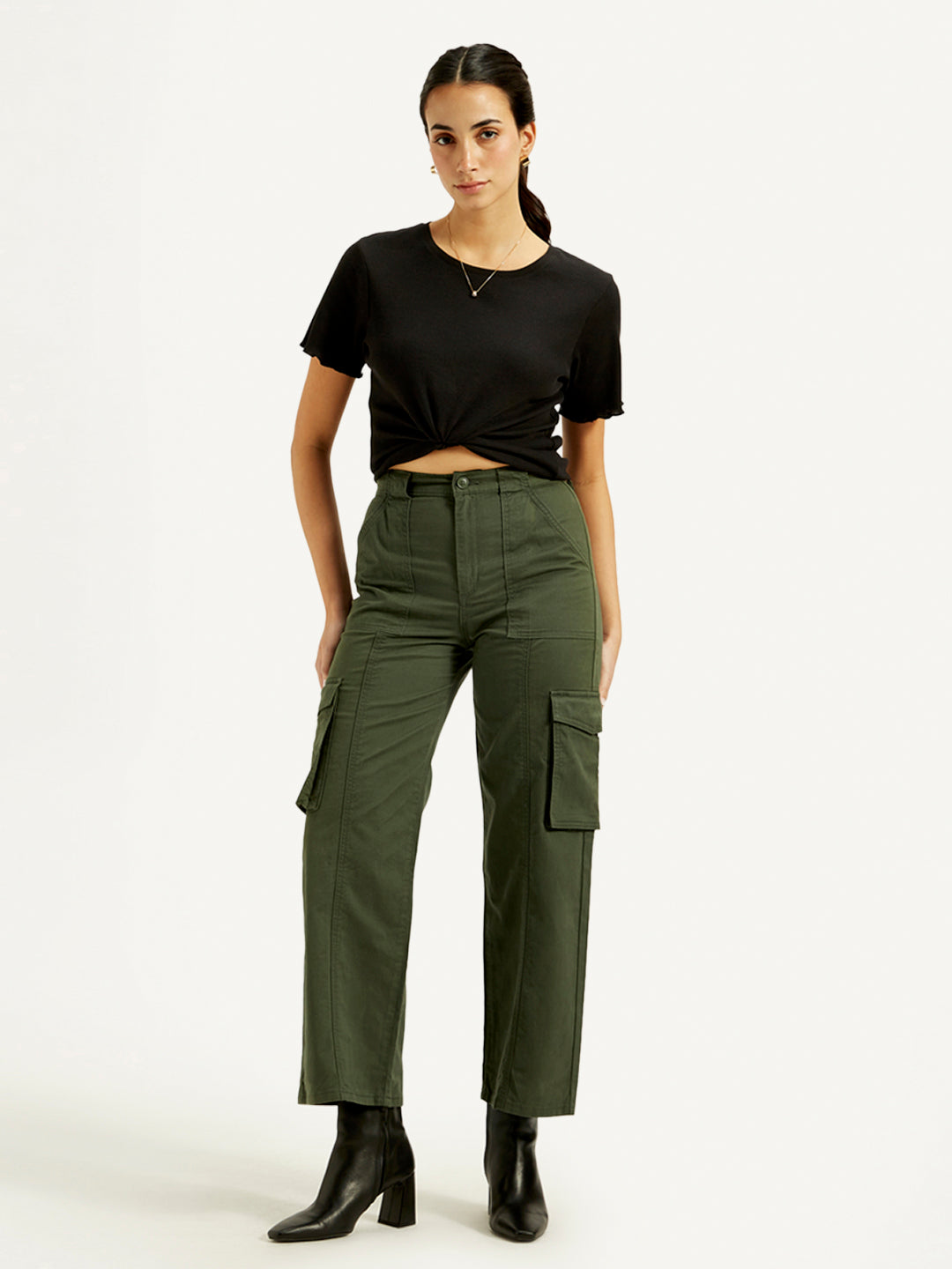 Women's High Rise Olive Wide Leg Cargo Trousers - Styleshot View