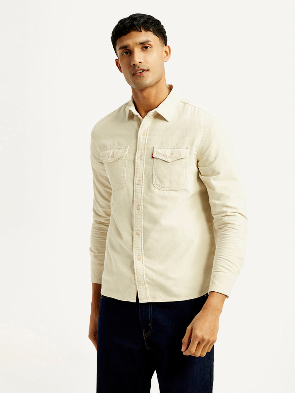Men's Solid Slim Fit Corduroy Shirt - Front View