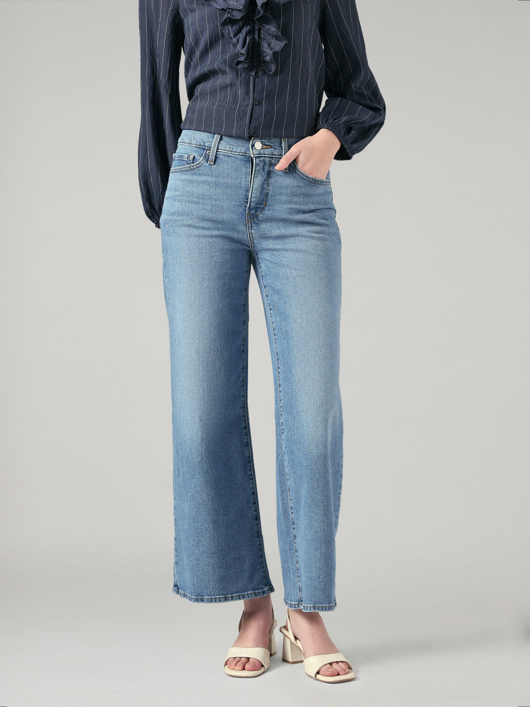 Women's 318 Blue Shaping Wide Leg Fit Mid Rise Jeans - Front View