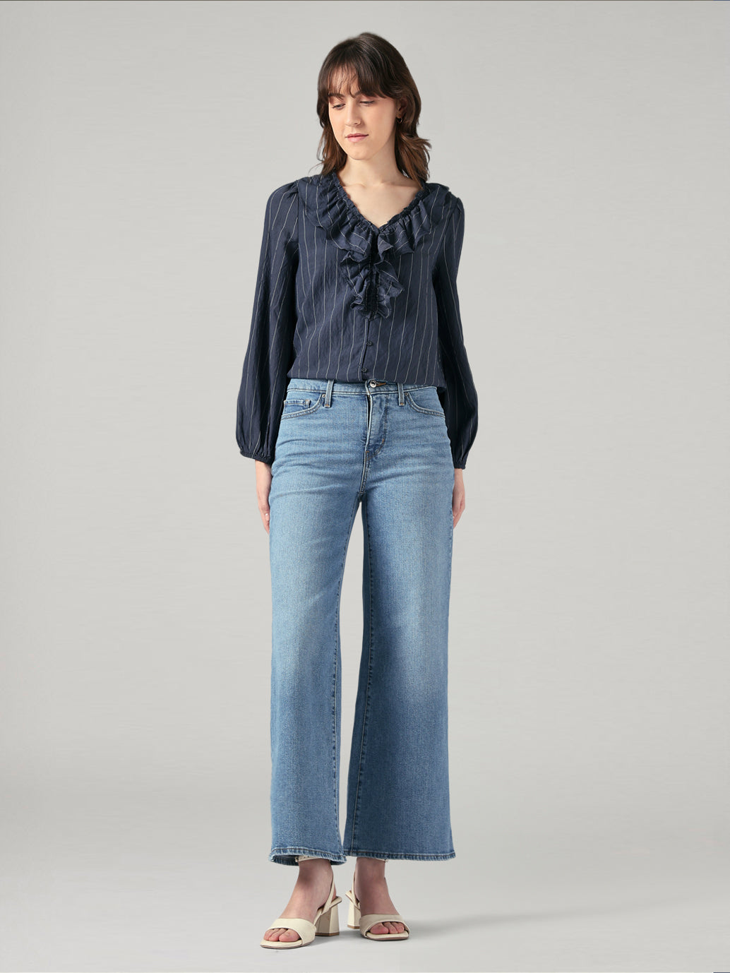 Women's 318 Blue Shaping Wide Leg Fit Mid Rise Jeans - Front View