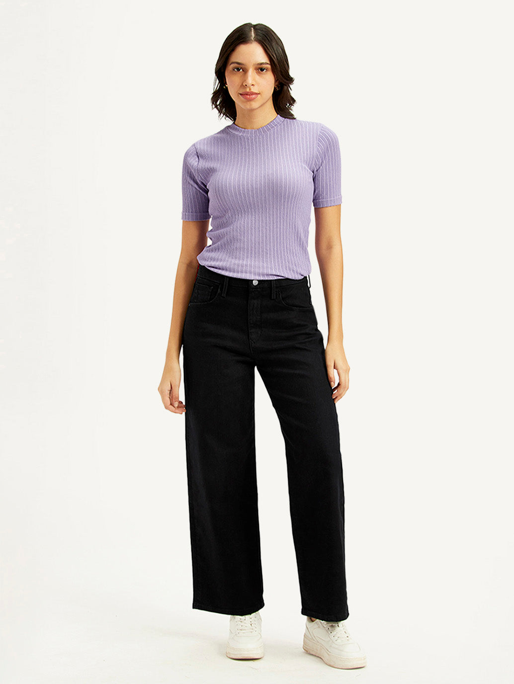 Women's Black Wide Leg Fit High Rise Jeans - Front View