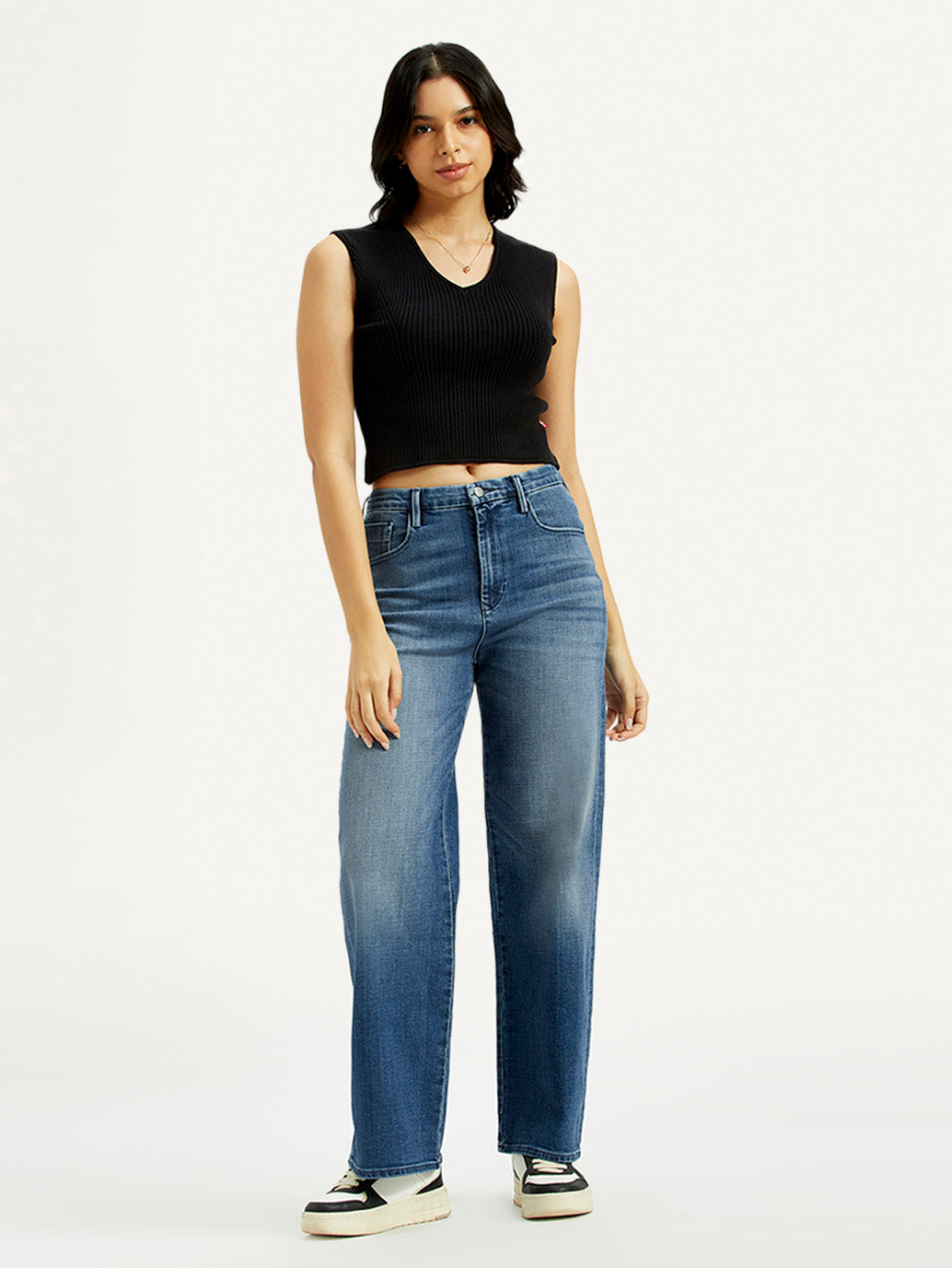 Women's Redloop Med Indigo Mile High Wide Leg Fit High Rise Jeans - Styleshot View