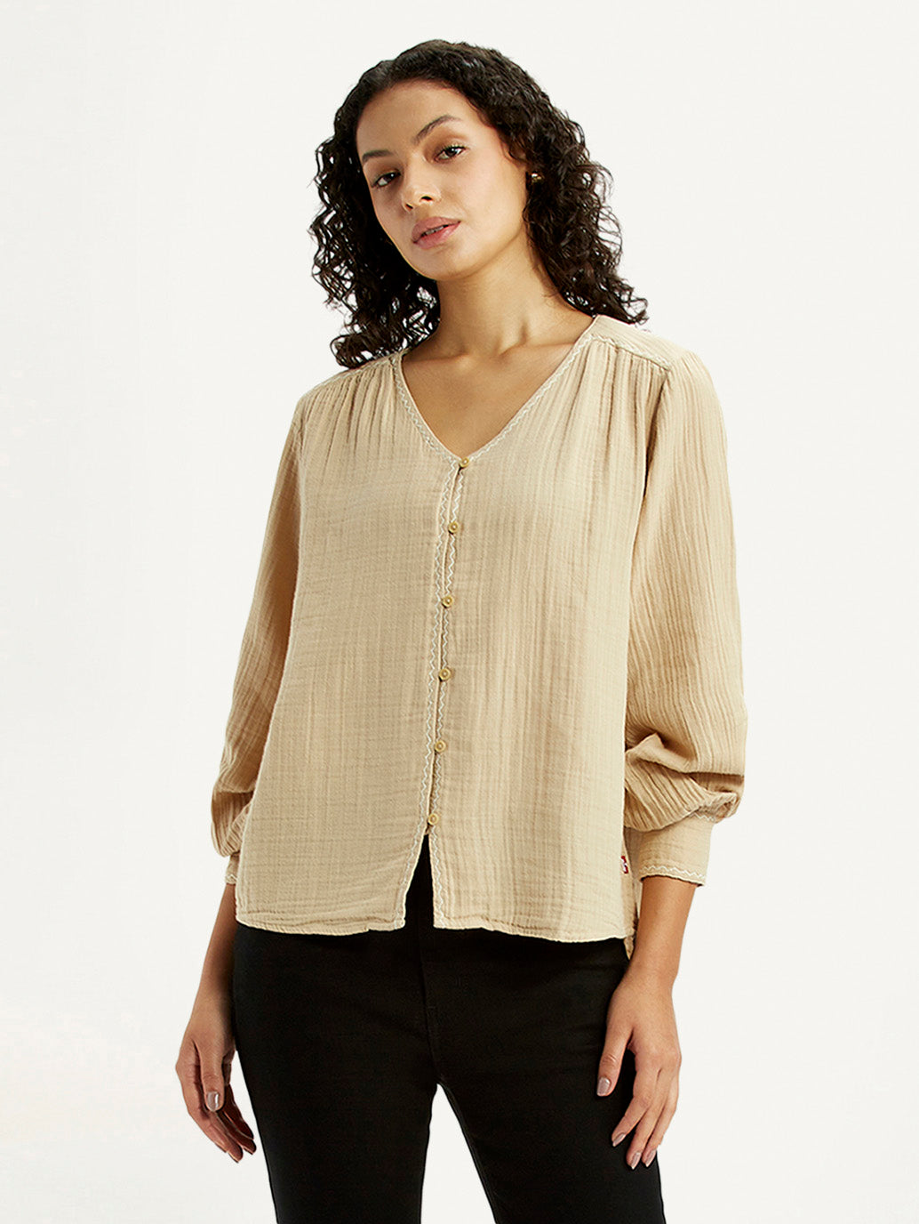 Women's Textured Beige V-Neck Top - Styleshot View