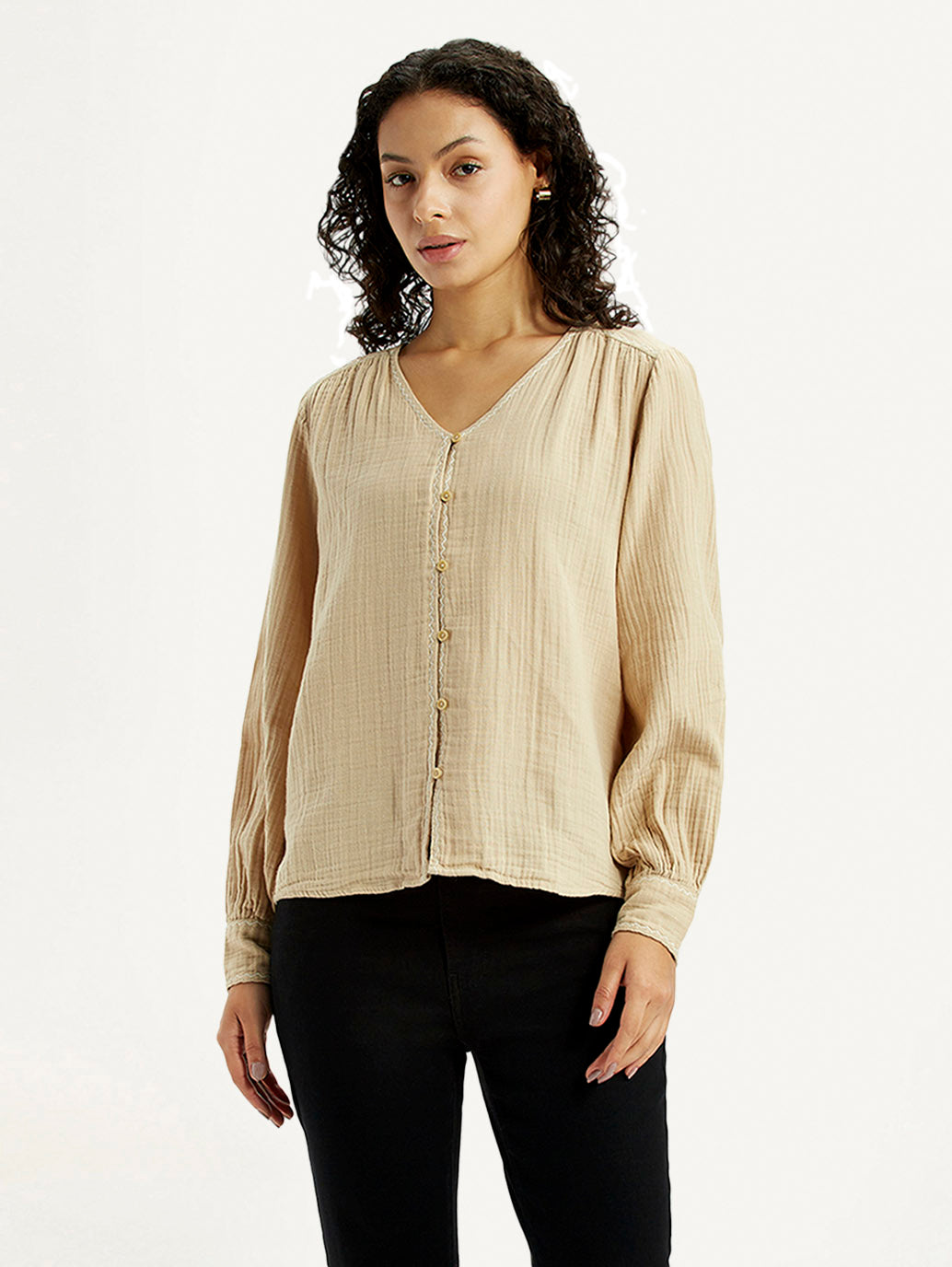 Women's Textured Beige V-Neck Top - Front View