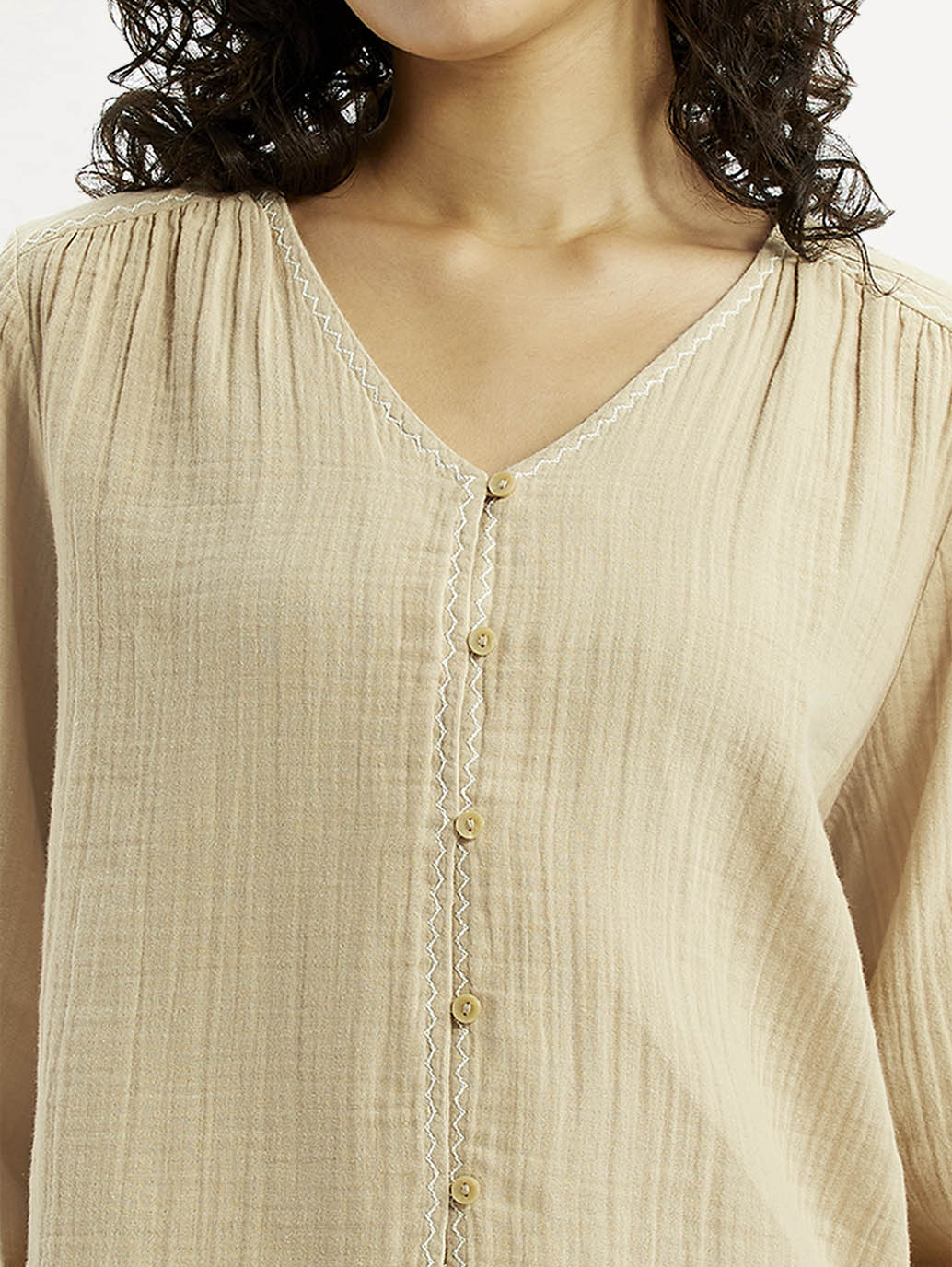 Women's Textured Beige V-Neck Top - Detail View