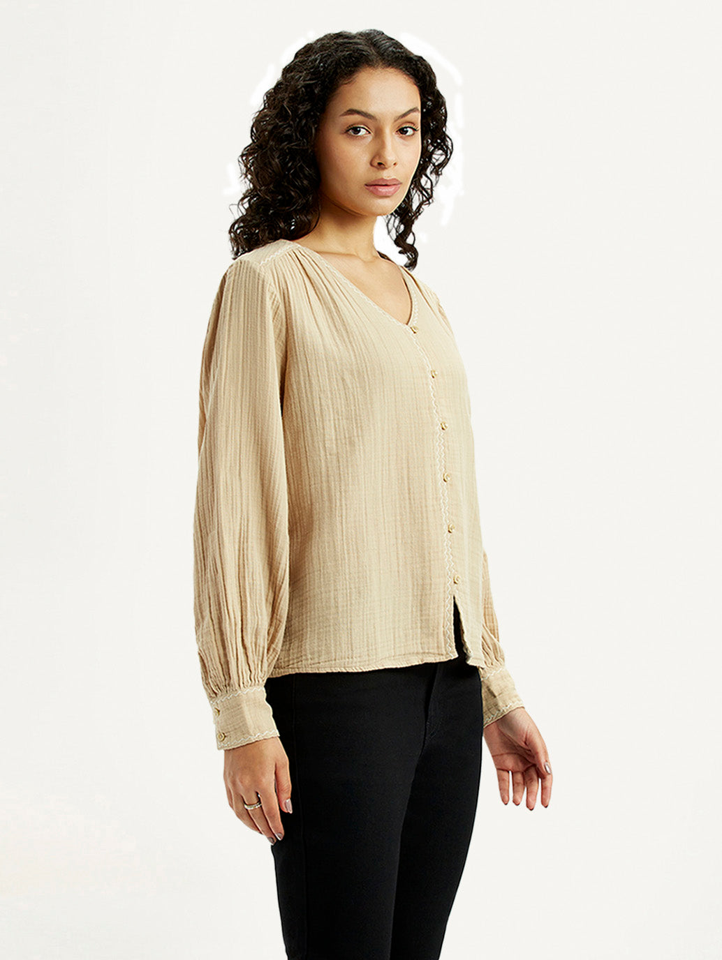 Women's Textured Beige V-Neck Top - Side View