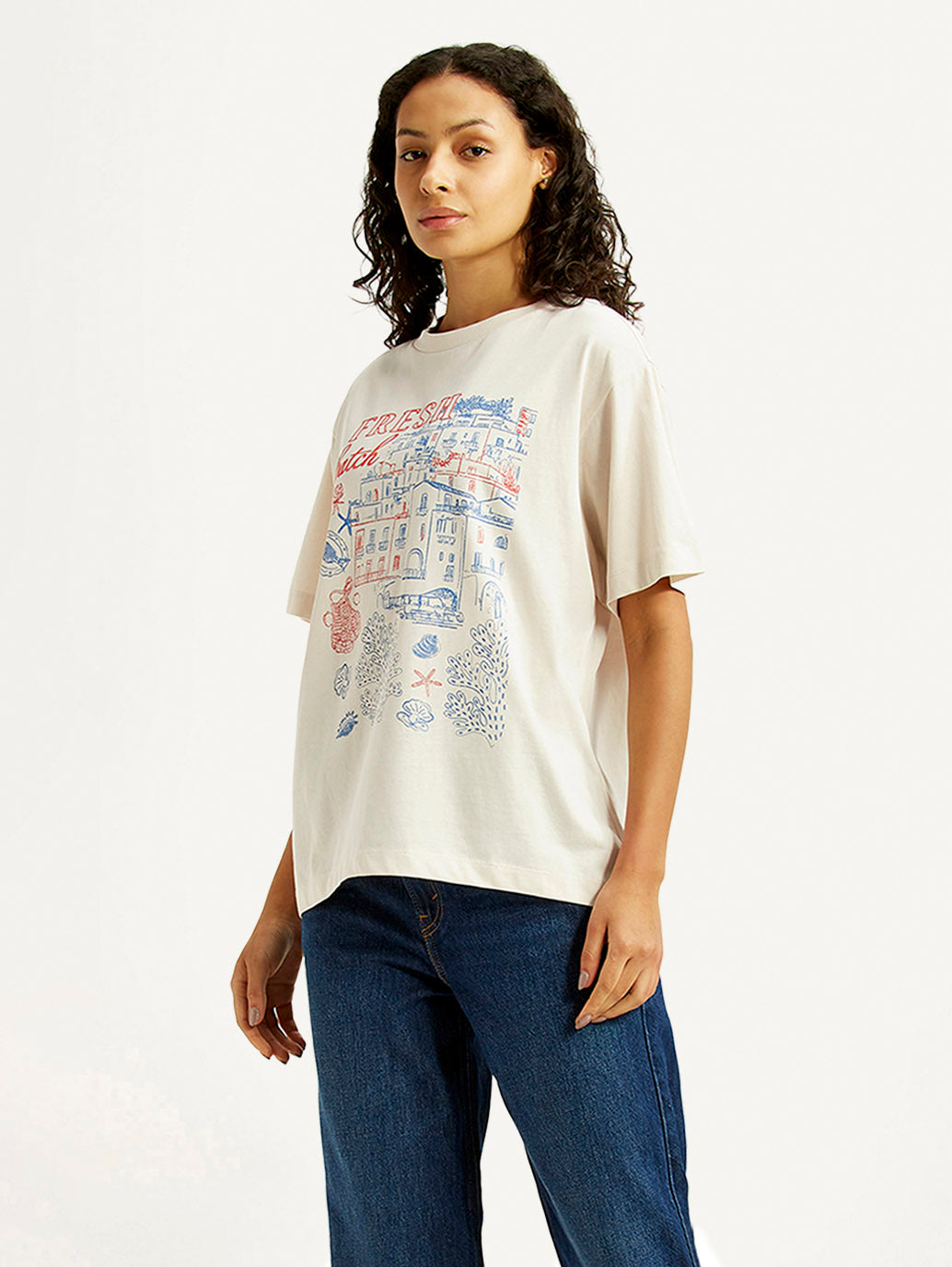 Women's Graphic Print Off White Oversized T-shirt