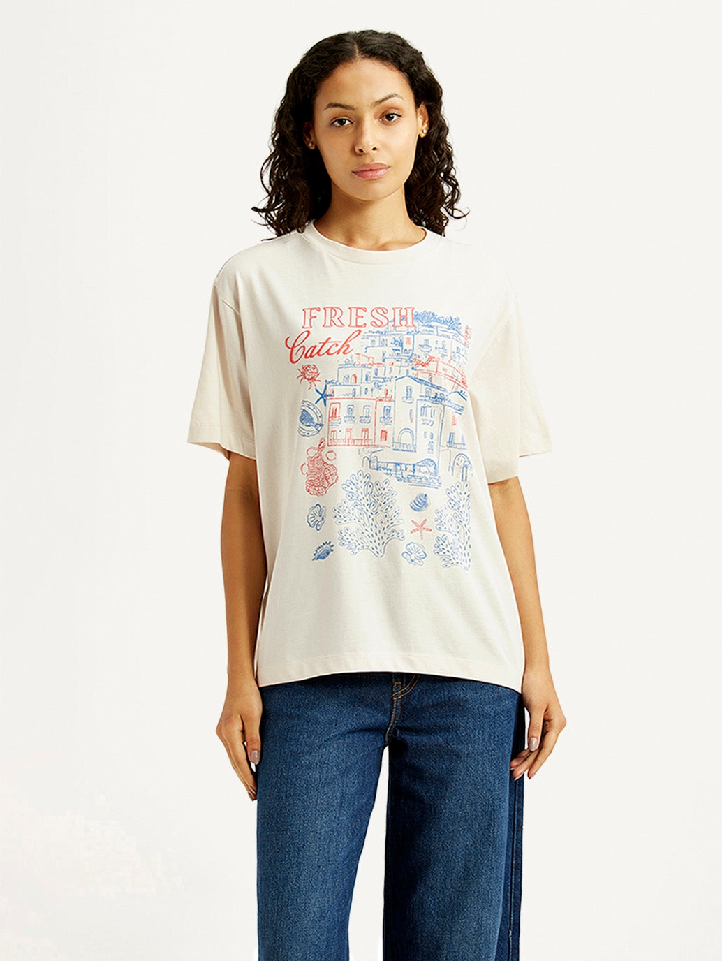 Women's Graphic Print Off White Oversized T-shirt - Front View