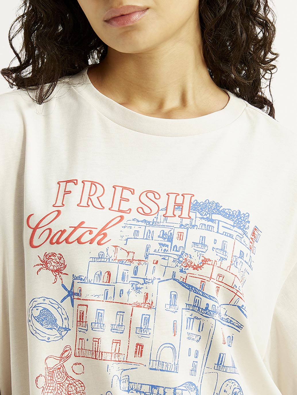 Women's Graphic Print Off White Oversized T-shirt - Detail View