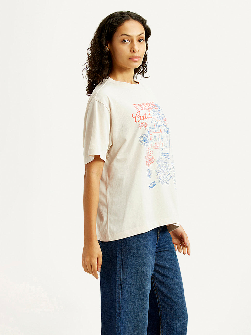 Women's Graphic Print Off White Oversized T-shirt - Side View