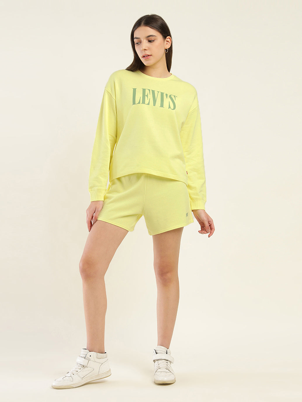 Women's Brand Logo Yellow Crew Neck Co-ord Set - Front View