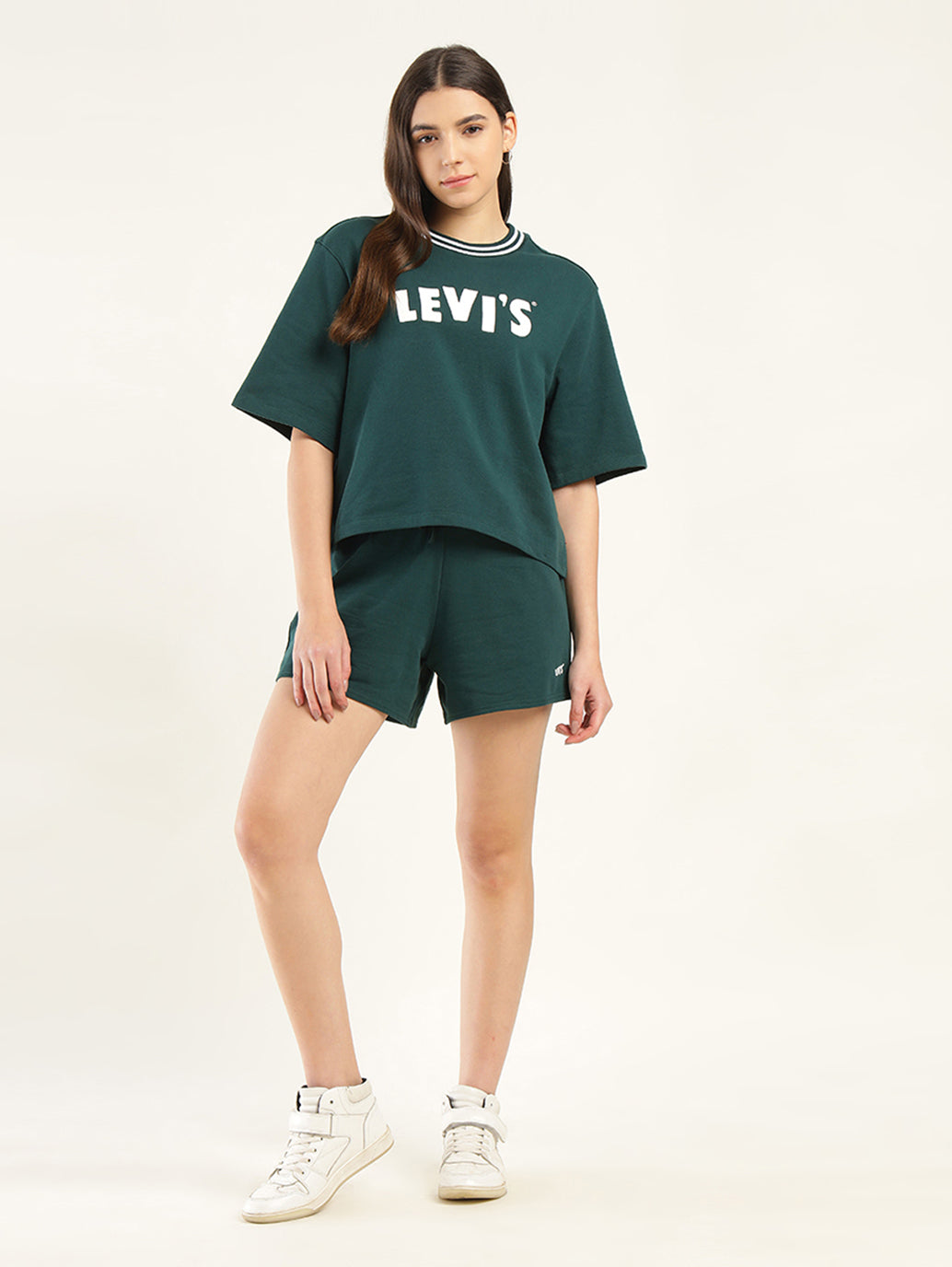 Women's Brand Logo Green Crew Neck Co-ord Set - Front View