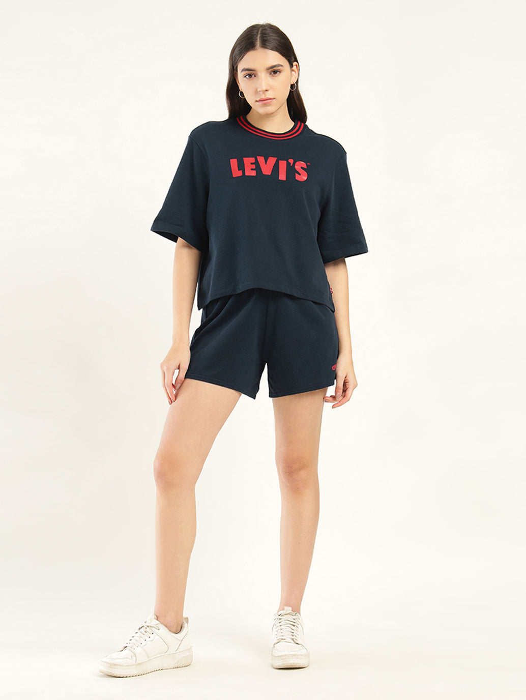 Women's Brand Logo Navy Crew Neck Co-ord Set - Front View