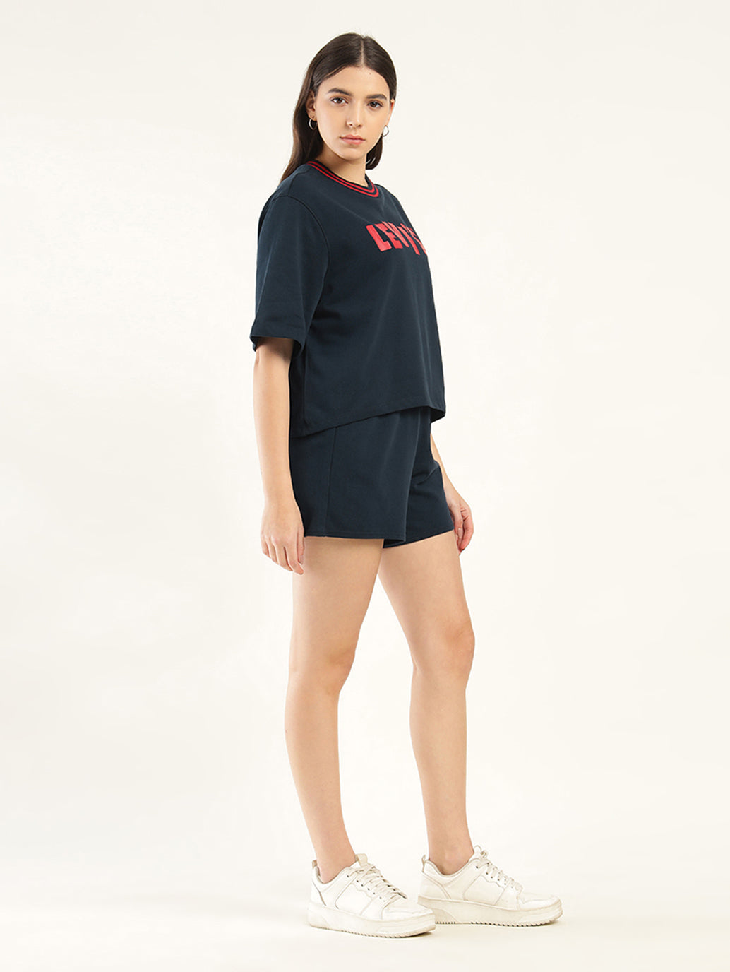 Women's Brand Logo Navy Crew Neck Co-ord Set - Side View