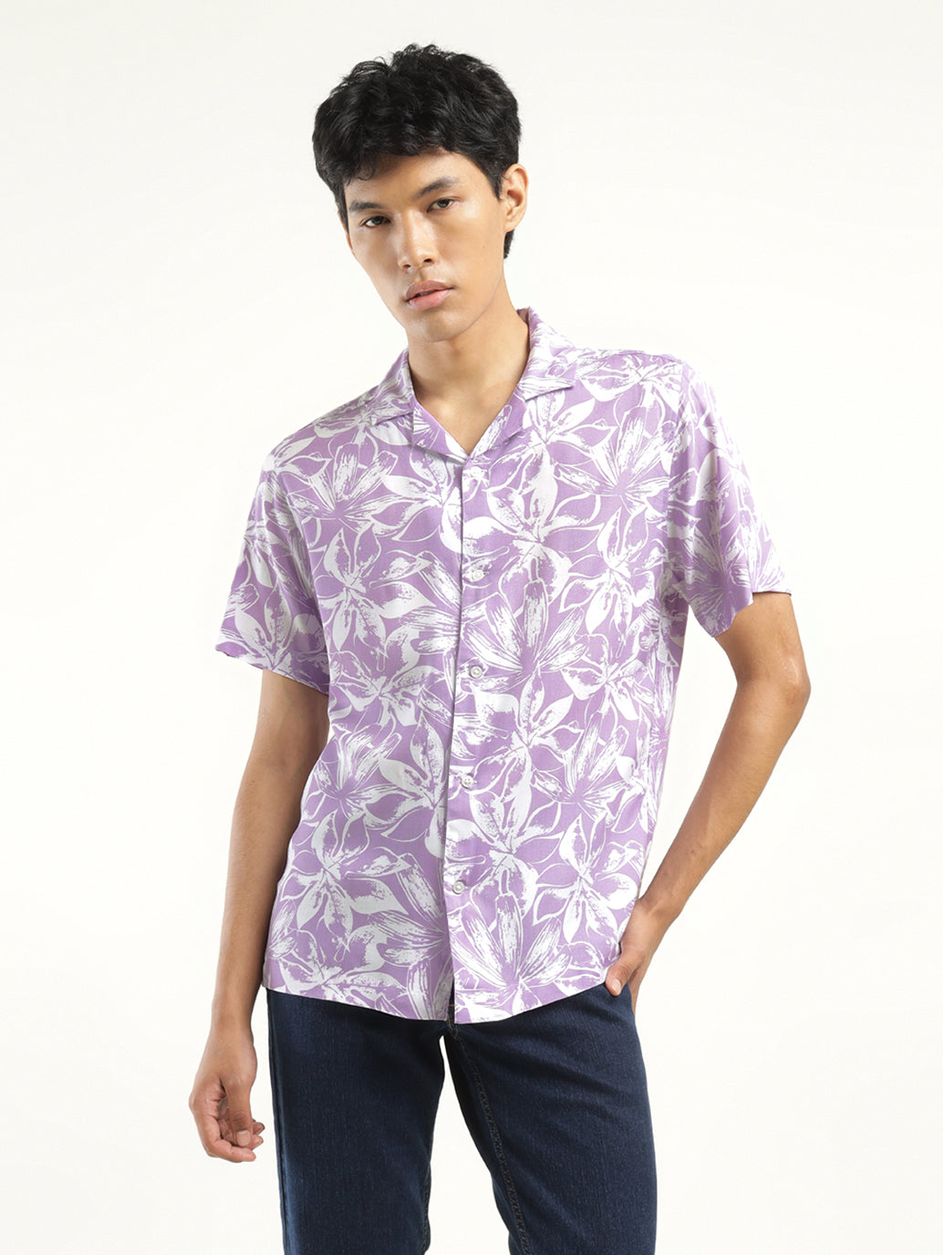 Men's Floral Print Camp Shirt - Front View