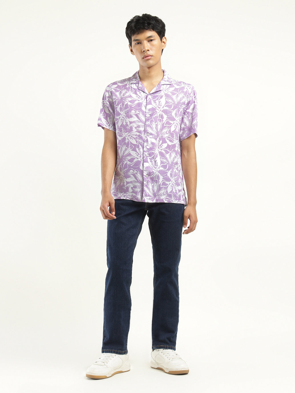 Men's Floral Print Camp Shirt - Front View