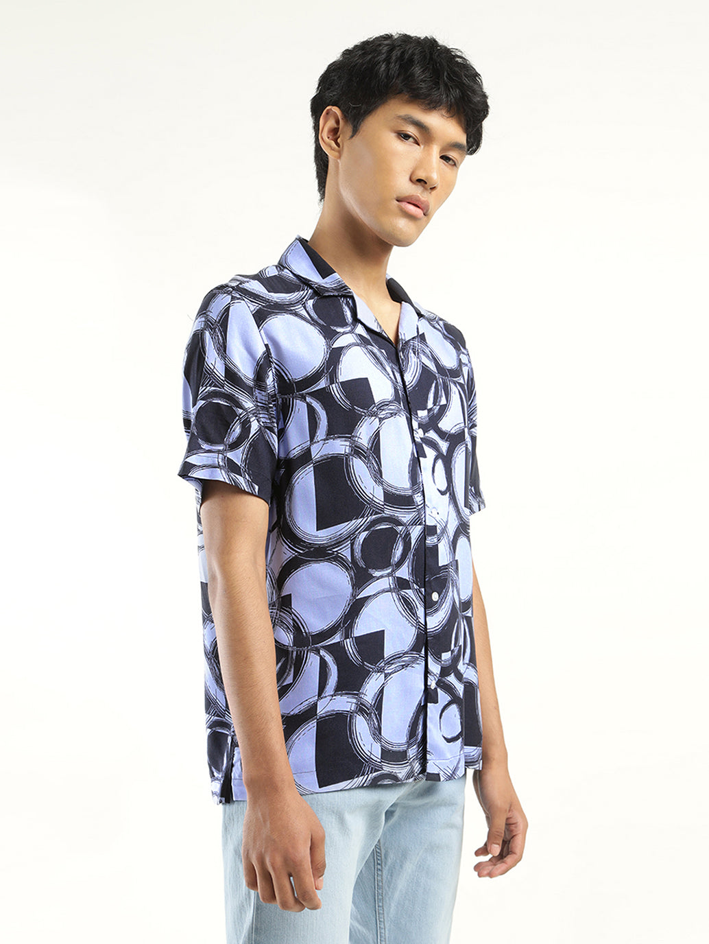 Men's Abstract Print Lapel Collar Shirt - Side View