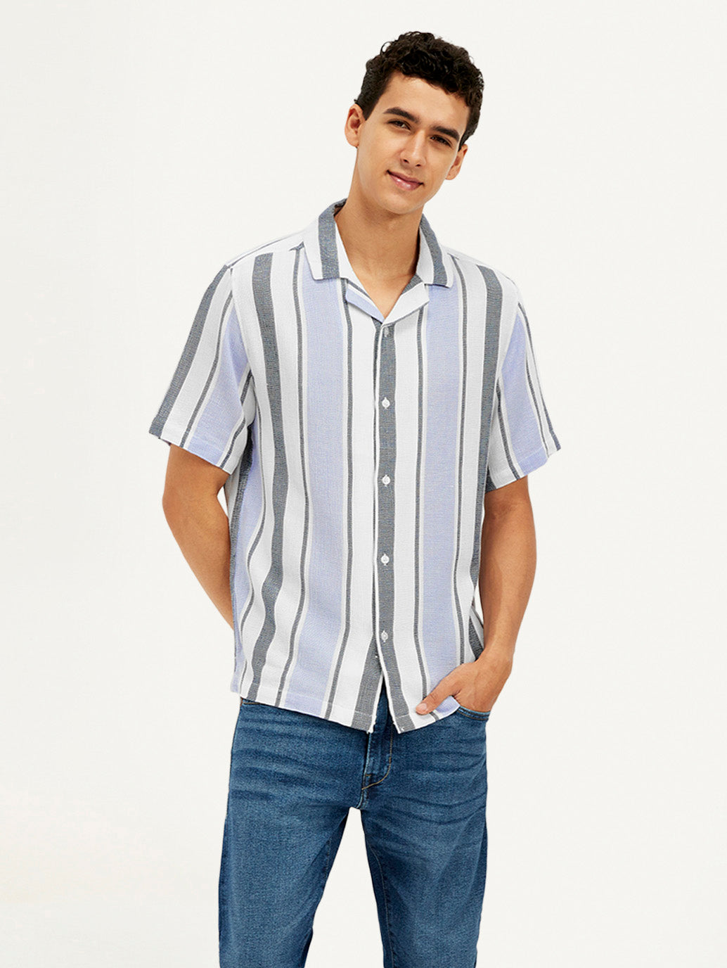 Men's Striped Spread Collar Shirt - Styleshot View